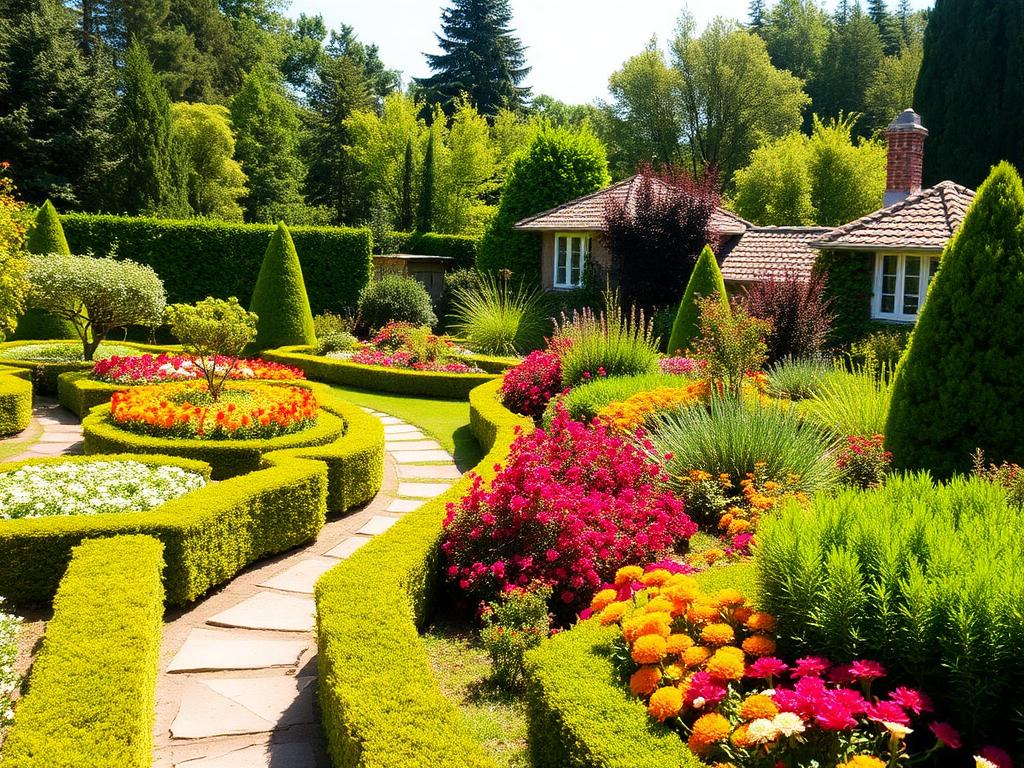 Manicured botanical garden with colorful flower beds