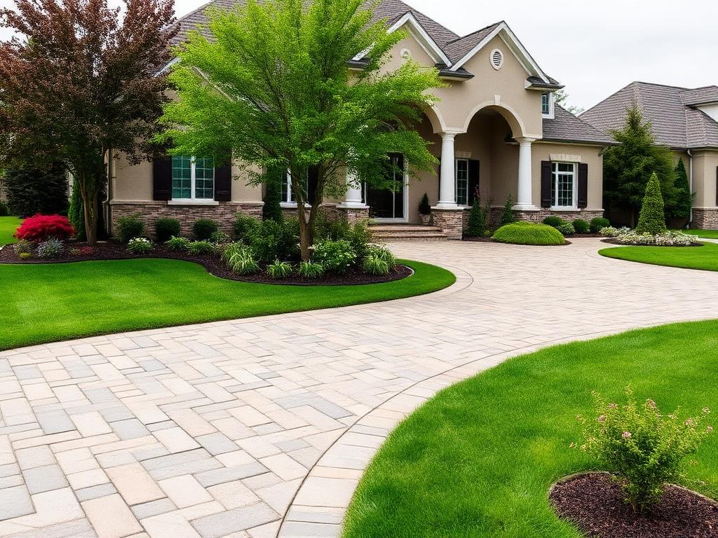 Elegant residential front yard with stone driveway
