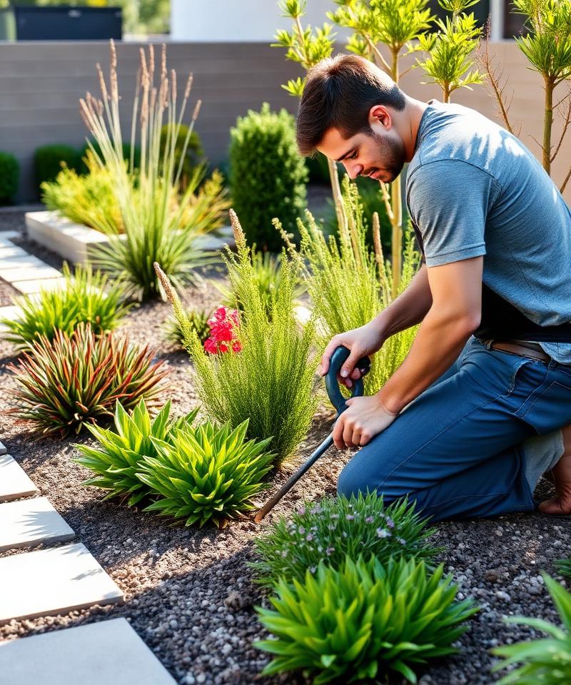 Gardener installing plants in a modern landscaped bed