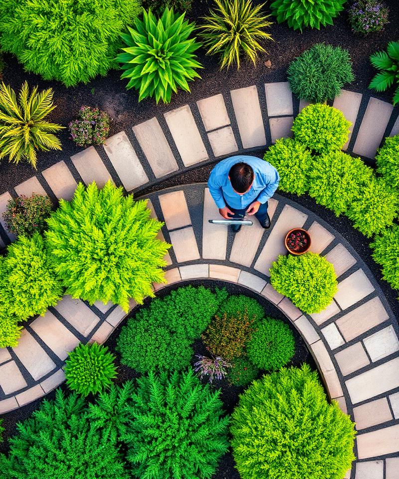 Aerial view of a designer planning a curved garden path