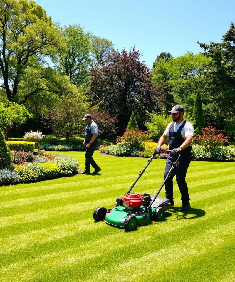 Workers mowing a manicured green lawn
