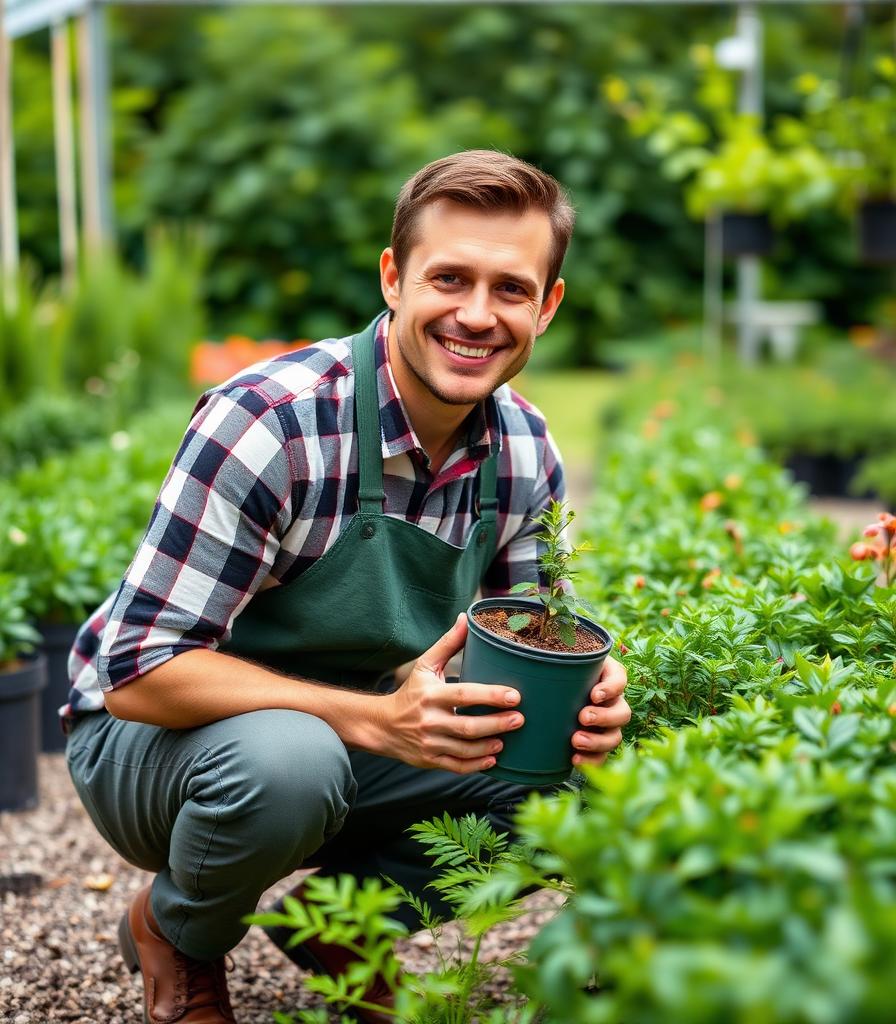 Smiling gardener holding a potted plant in a green nursery